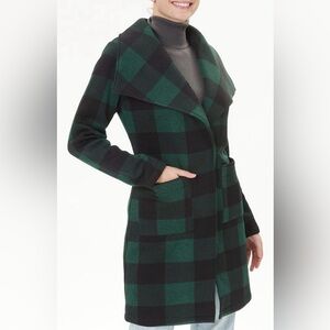 NWT Steve Madden Green & Black Plaid Fleece Waterfall Pea Coat Sz L